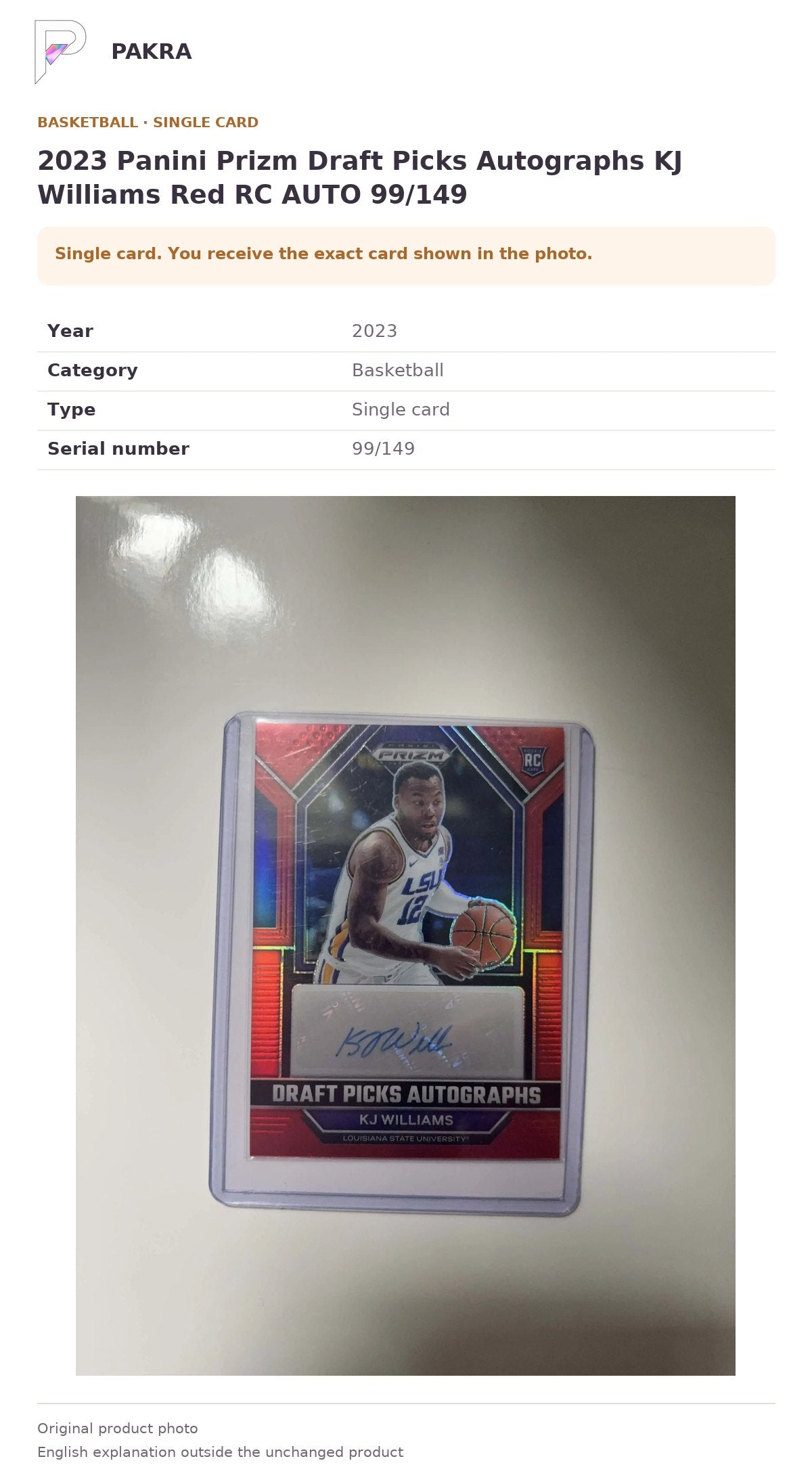 Item details and original photo for 2023 Panini Prizm Draft Picks Autographs KJ Williams Red RC AUTO 99/149.