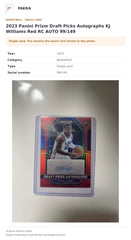 Item details and original photo for 2023 Panini Prizm Draft Picks Autographs KJ Williams Red RC AUTO 99/149.
