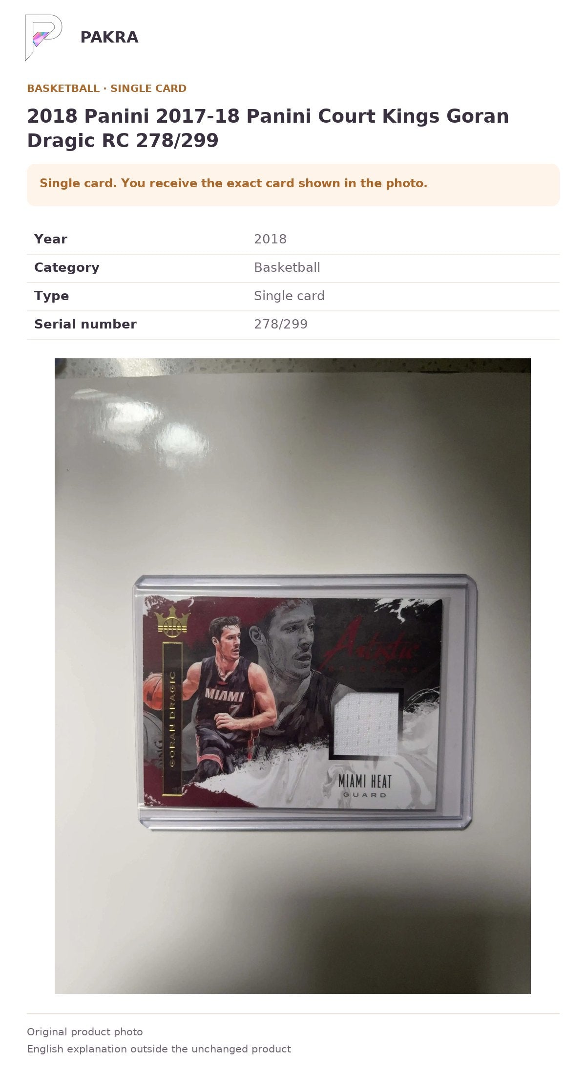Item details and original photo for 2018 Panini 2017-18 Panini Court Kings Goran Dragic RC 278/299.