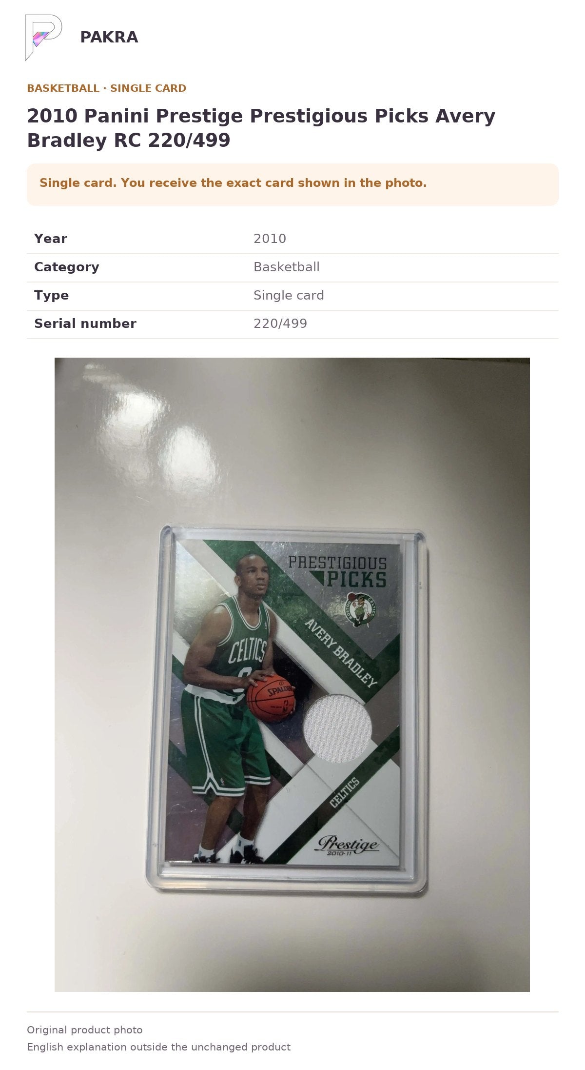 Item details and original photo for 2010 Panini Prestige Prestigious Picks Avery Bradley RC 220/499.