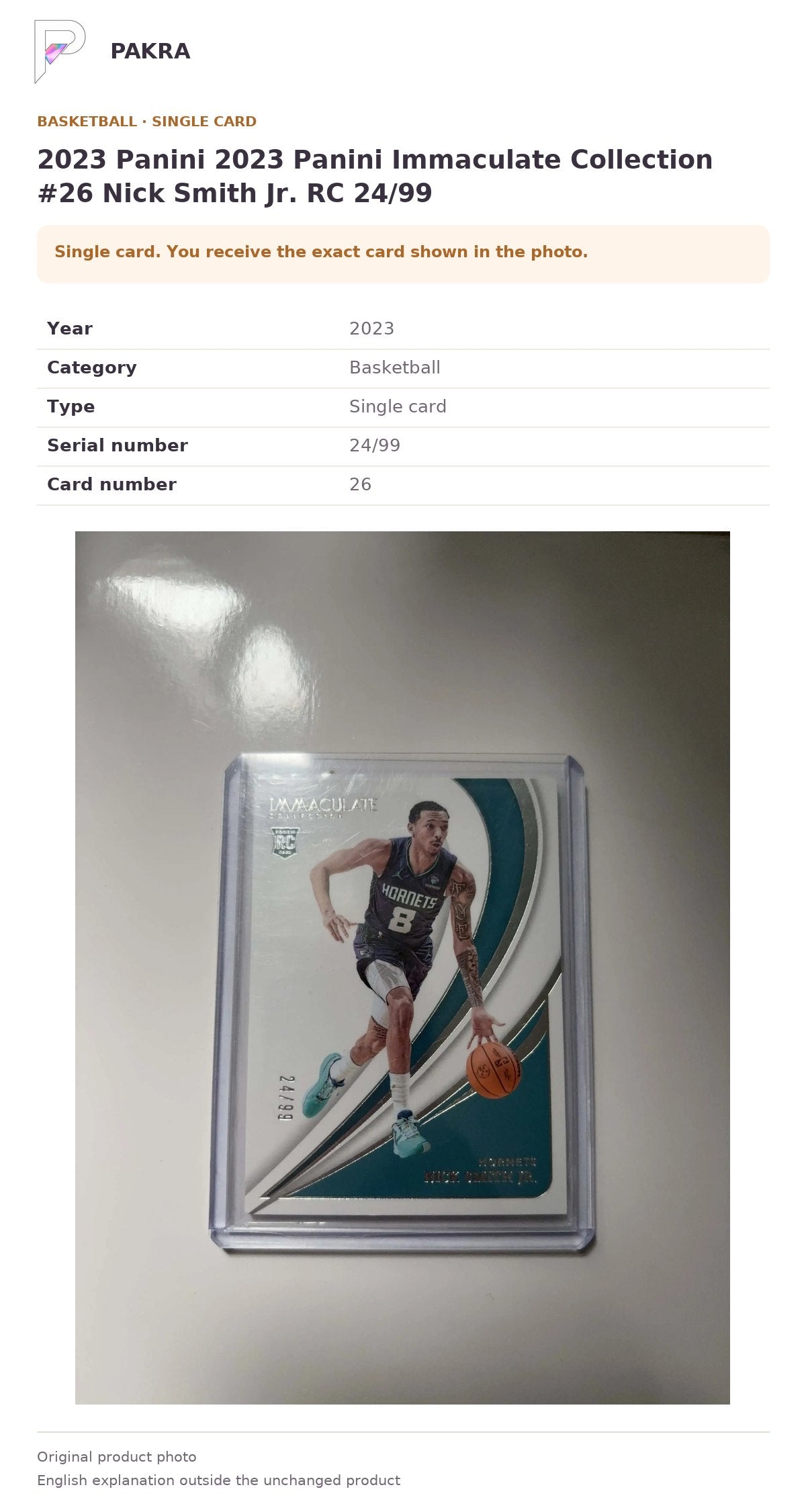 Item details and original photo for 2023 Panini 2023 Panini Immaculate Collection #26 Nick Smith Jr. RC 24/99.