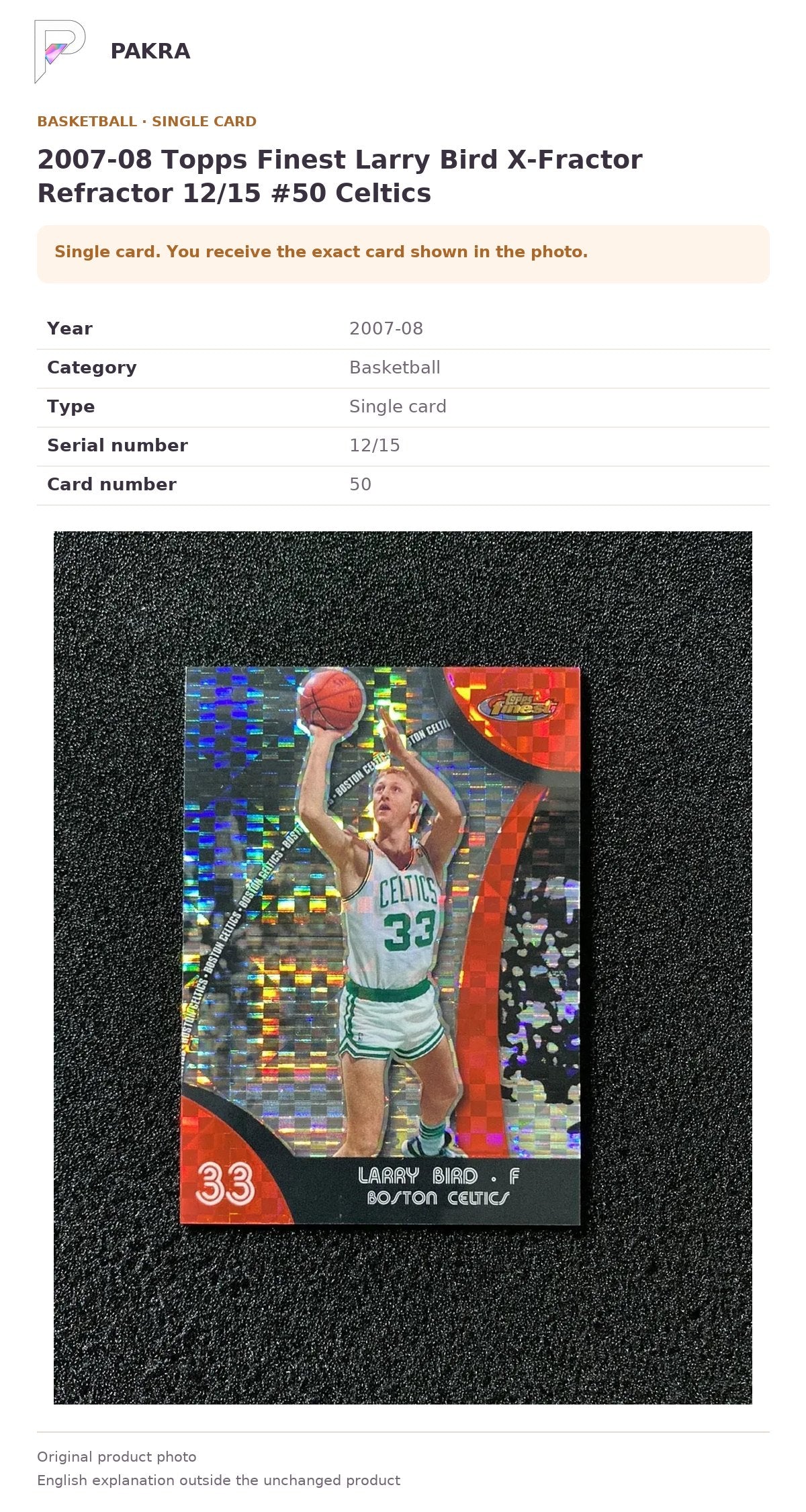 Item details and original photo for 2007-08 Topps Finest Larry Bird X-Fractor Refractor 12/15 #50 Celtics.