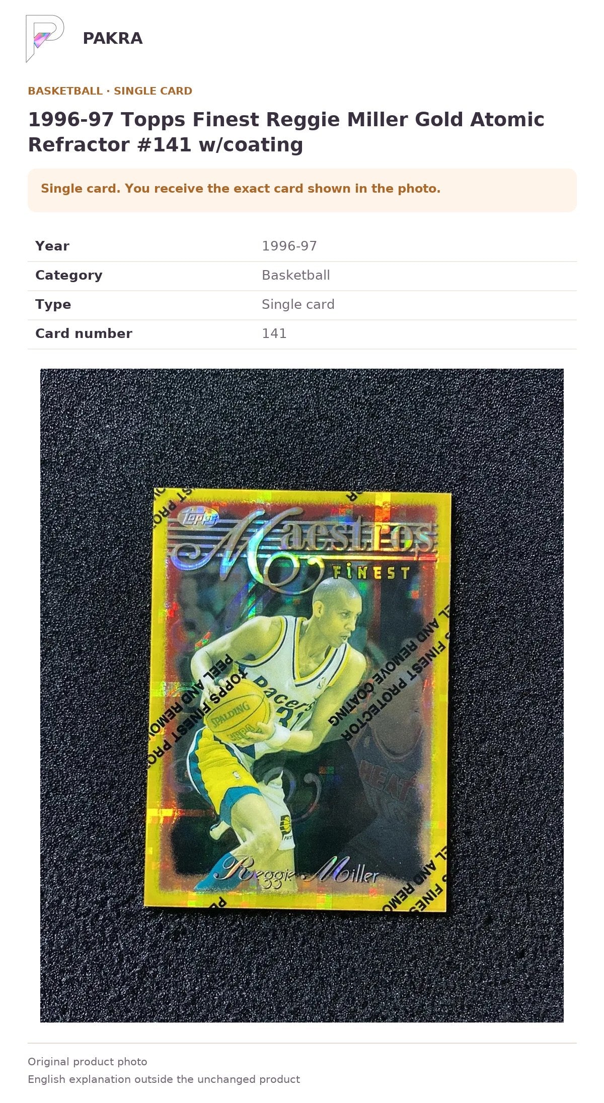 Item details and original photo for 1996-97 Topps Finest Reggie Miller Gold Atomic Refractor #141 w/coating.