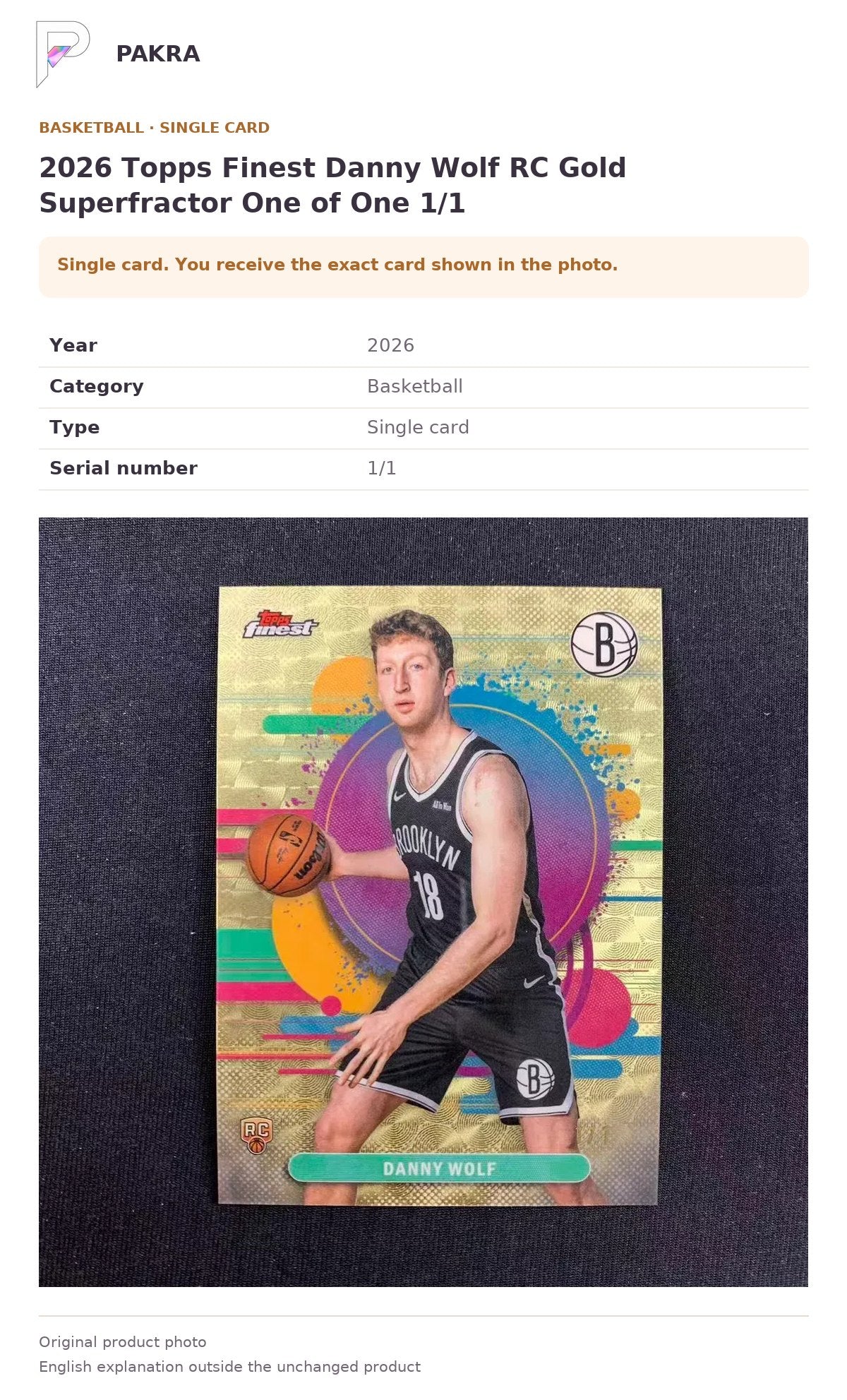 Item details and original photo for 2026 Topps Finest Danny Wolf RC Gold Superfractor One of One 1/1.