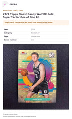 Item details and original photo for 2026 Topps Finest Danny Wolf RC Gold Superfractor One of One 1/1.
