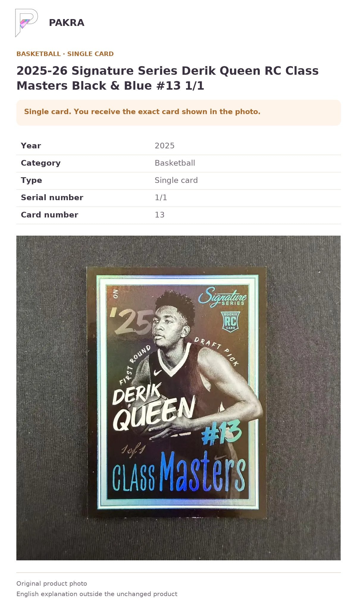 Item details and original photo for 2025‑26 Signature Series Derik Queen RC Class Masters Black & Blue #13 1/1.