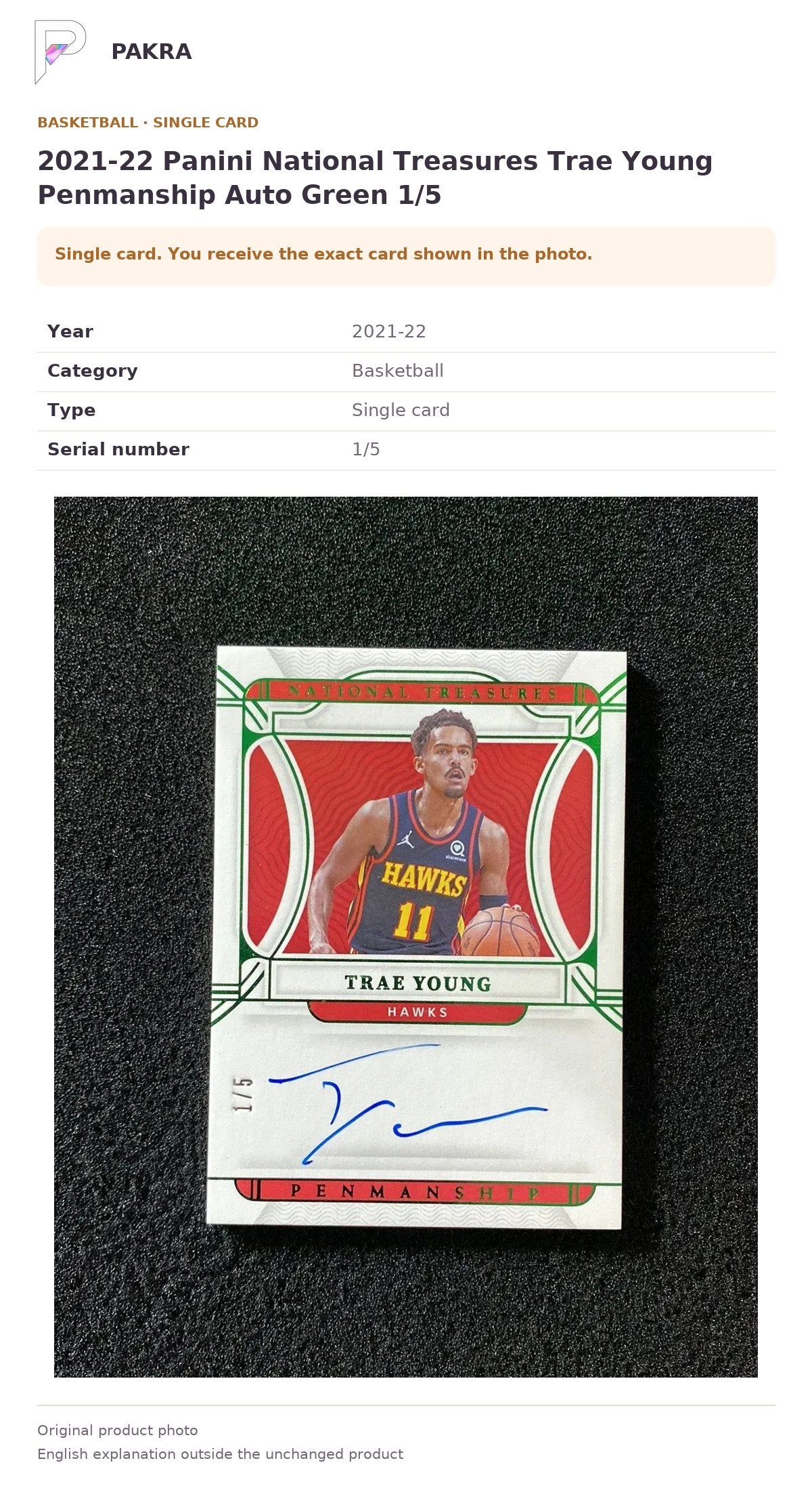 Item details and original photo for 2021-22 Panini National Treasures Trae Young Penmanship Auto Green 1/5.