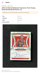 Item details and original photo for 2021-22 Panini National Treasures Trae Young Penmanship Auto Green 1/5.