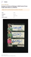 Item details and original photo for Campos & Ochoa & Malagon 2026 Panini Prizm Triple Auto black 1/1 Mexico.