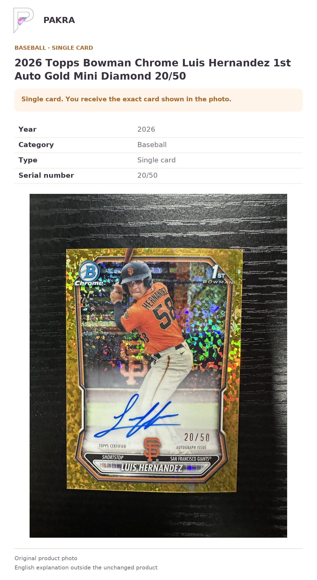 Item details and original photo for 2026 Topps Bowman Chrome Luis Hernandez 1st Auto Gold Mini Diamond 20/50.