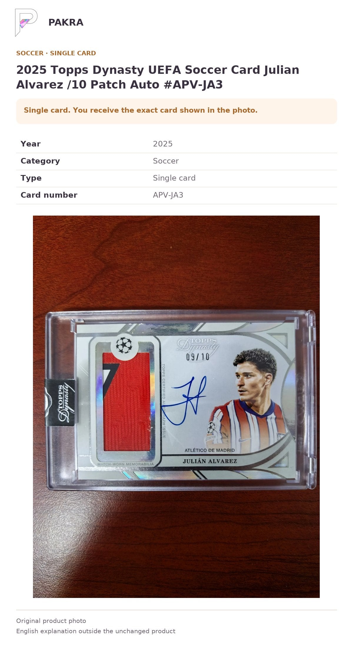Item details and original photo for 2025 Topps Dynasty UEFA Soccer Card Julian Alvarez /10 Patch Auto #APV-JA3.