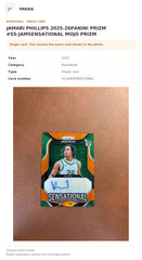Item details and original photo for JAMARI PHILLIPS 2025-26PANINI PRIZM #SS-JAMSENSATIONAL MOJO PRIZM.