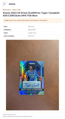 Item details and original photo for Panini 2023-24 Prizm DraftPicks Tyger Campbell 026/125RCAuto DPA-TCB Blue.