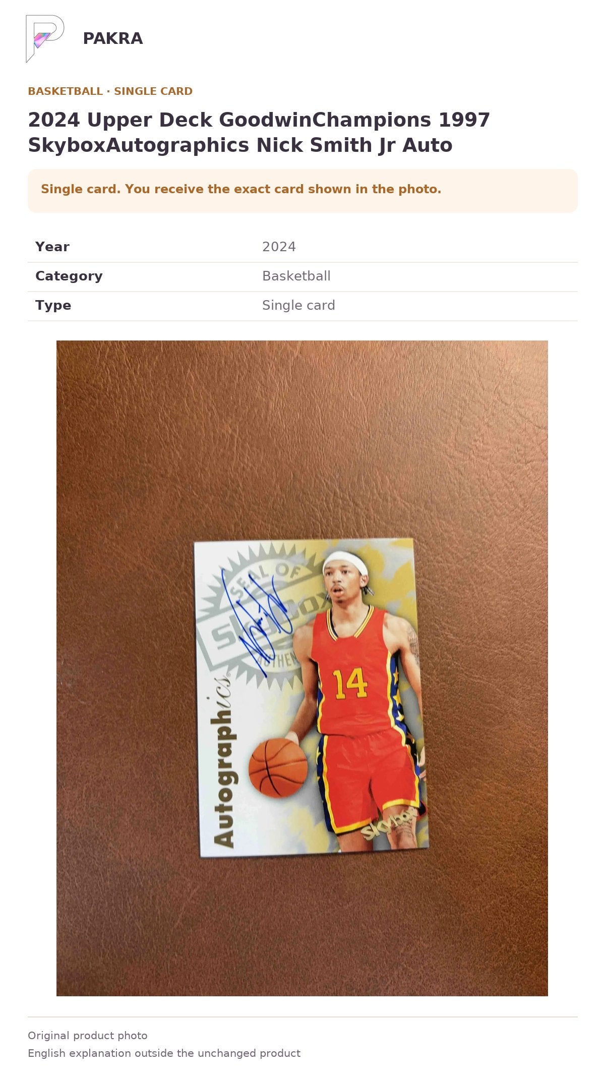 Item details and original photo for 2024 Upper Deck GoodwinChampions 1997 SkyboxAutographics Nick Smith Jr Auto.