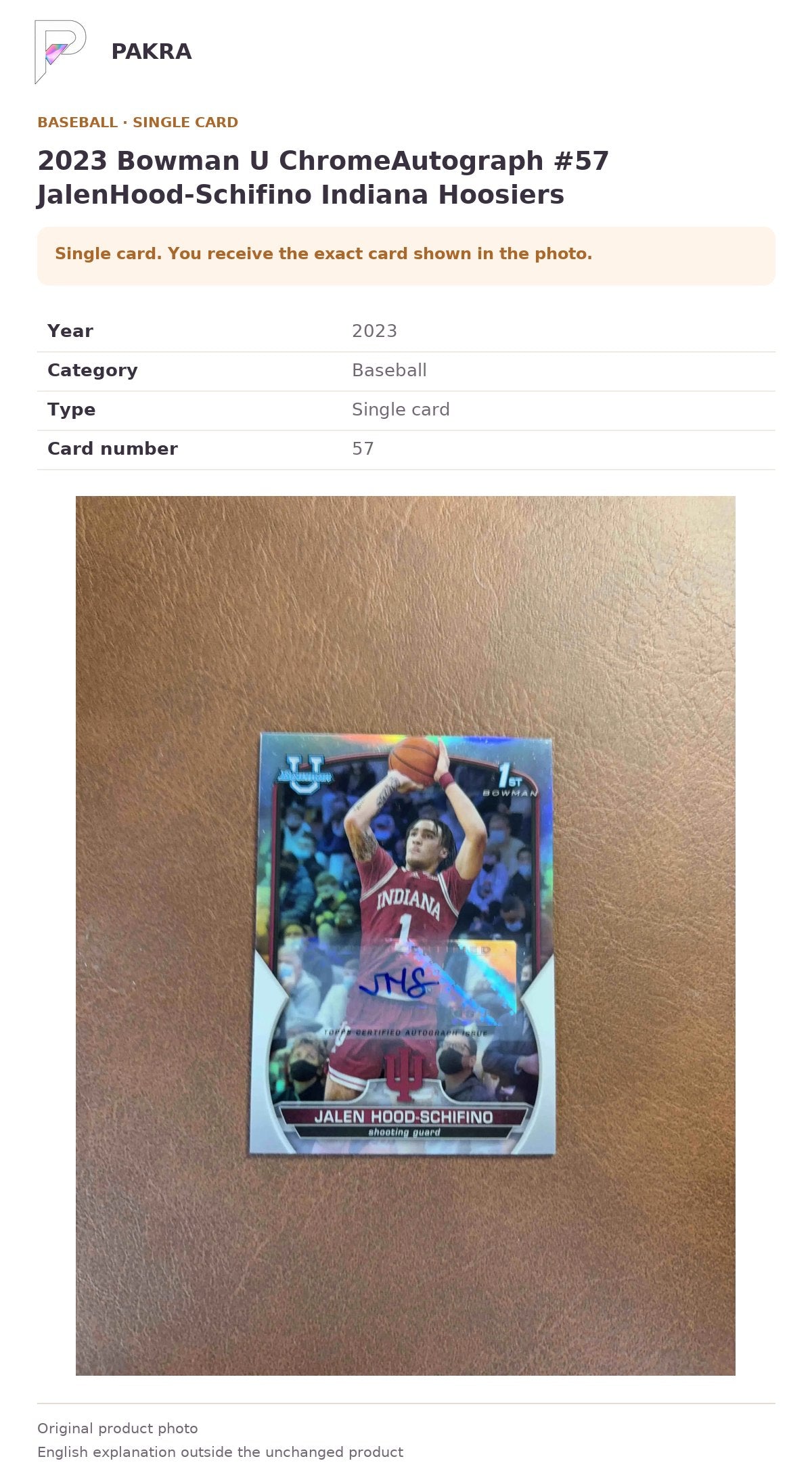Item details and original photo for 2023 Bowman U ChromeAutograph #57 JalenHood-Schifino Indiana Hoosiers.