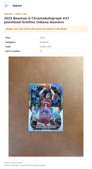 Item details and original photo for 2023 Bowman U ChromeAutograph #57 JalenHood-Schifino Indiana Hoosiers.