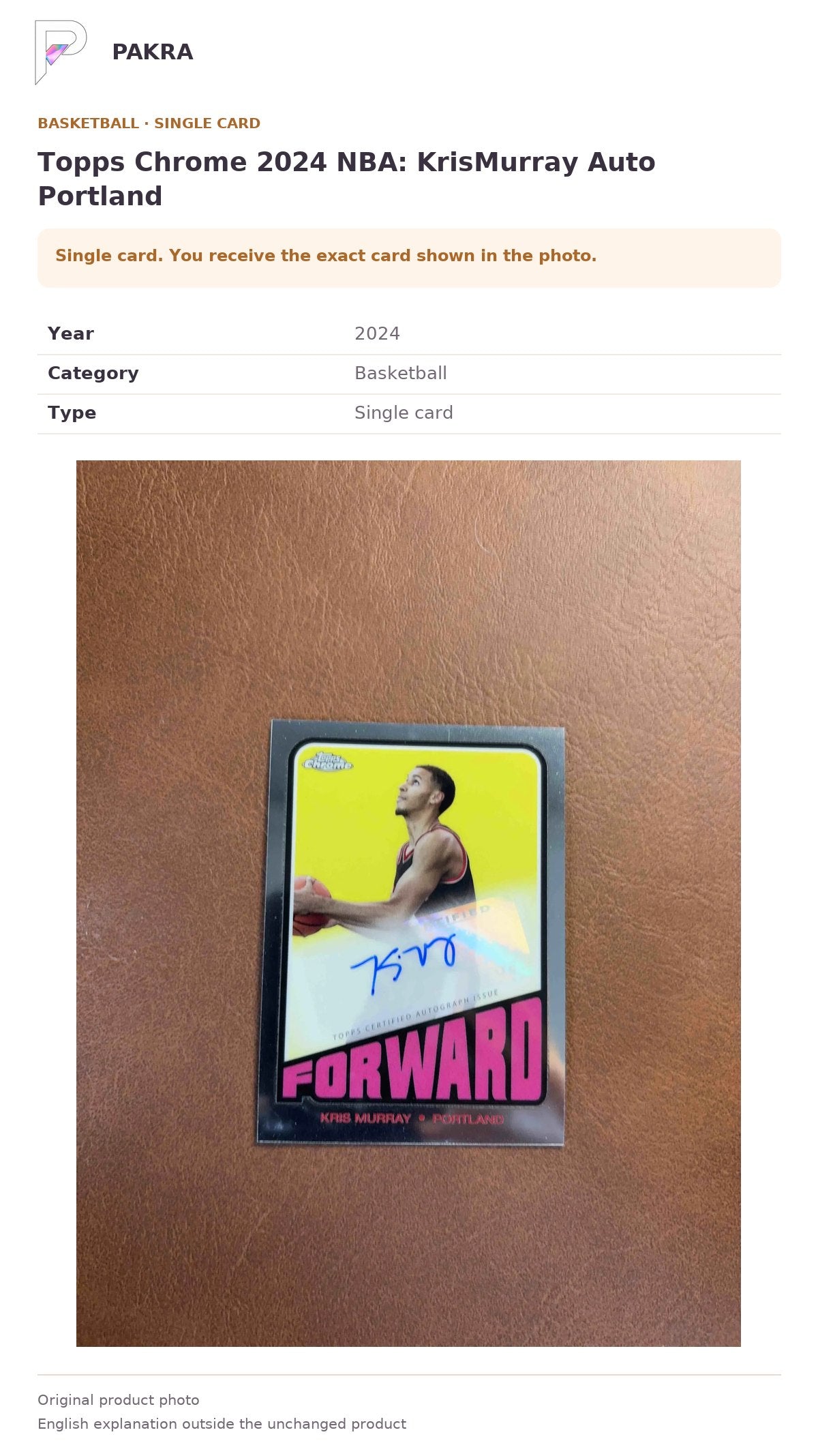 Item details and original photo for Topps Chrome 2024 NBA: KrisMurray Auto Portland.