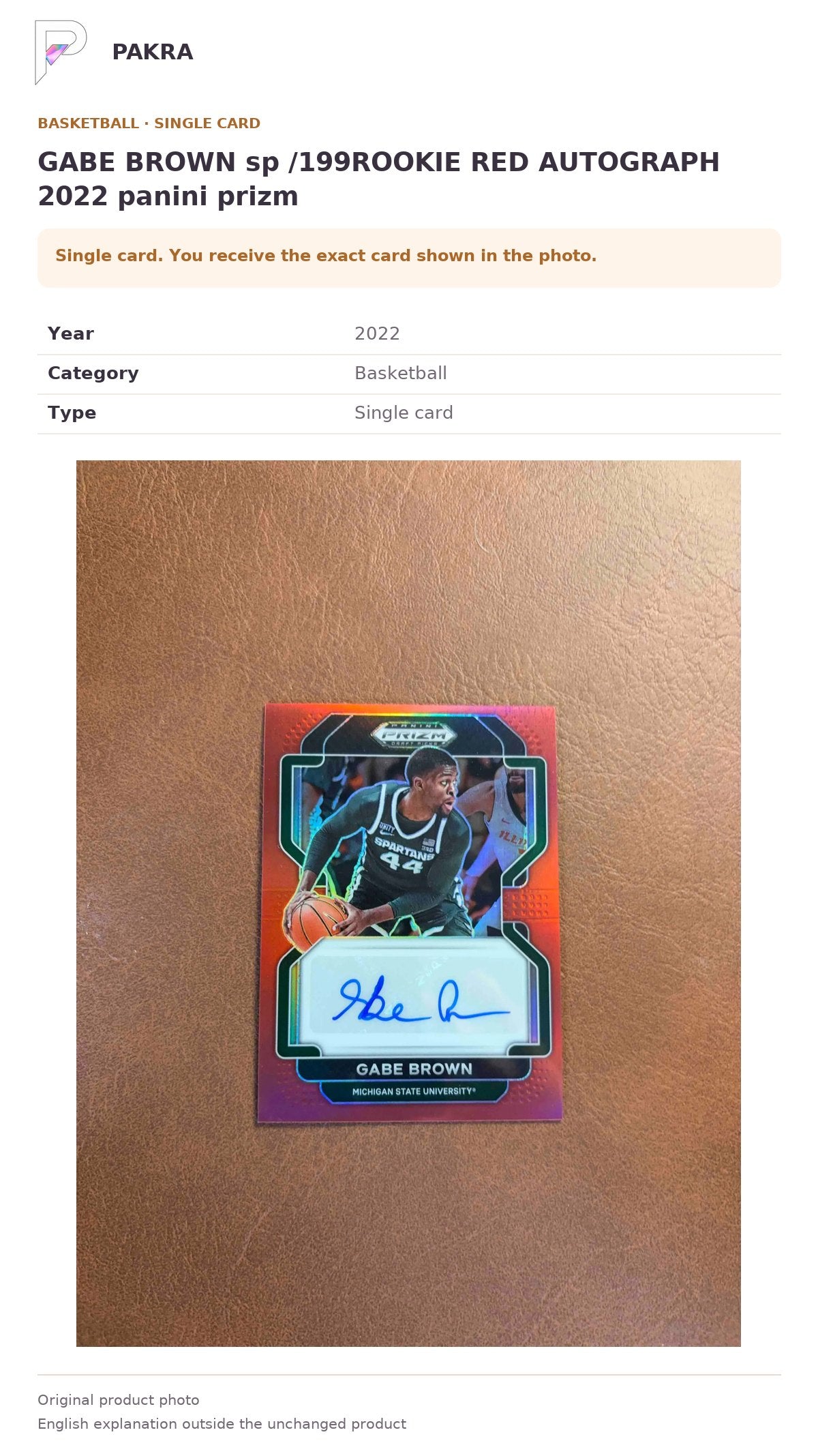 Item details and original photo for GABE BROWN sp /199ROOKIE RED AUTOGRAPH 2022 panini prizm.