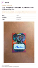 Item details and original photo for GABE BROWN sp /199ROOKIE RED AUTOGRAPH 2022 panini prizm.