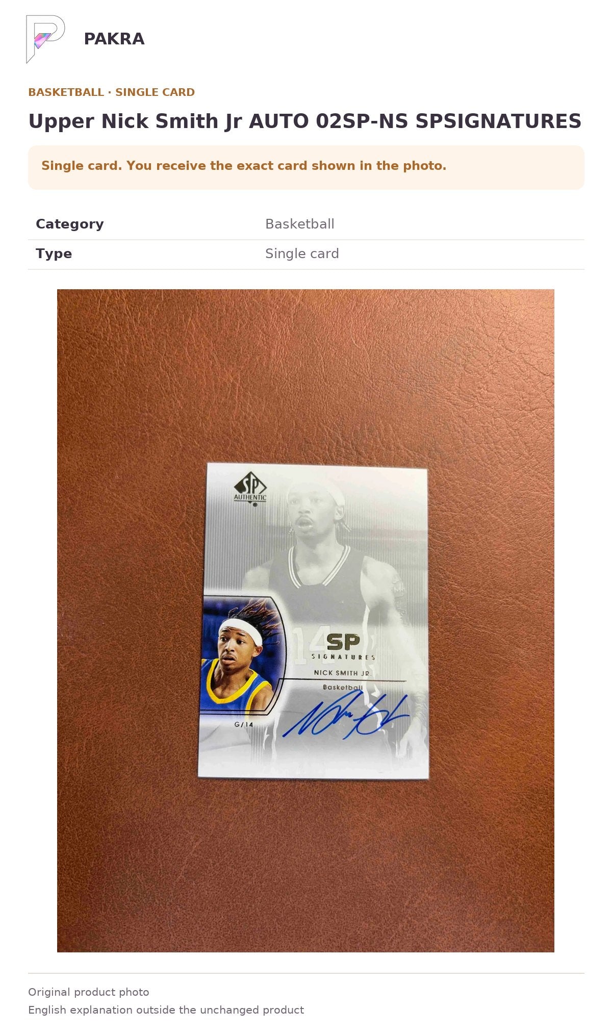 Item details and original photo for Upper Nick Smith Jr AUTO 02SP-NS SPSIGNATURES.