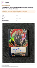 Item details and original photo for 2025 Panini Select Road To World Cup Timothy Weah USA Black Auto 1/1.