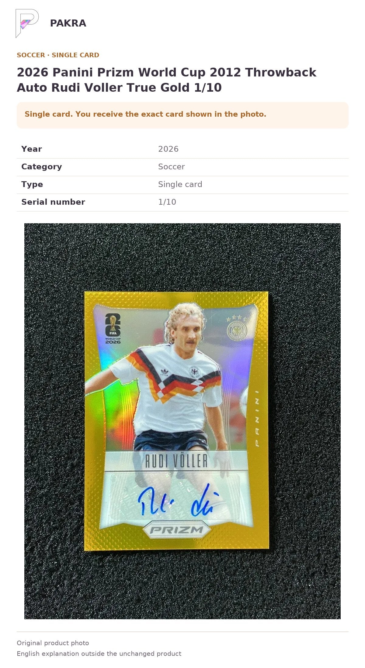 Item details and original photo for 2026 Panini Prizm World Cup 2012 Throwback Auto Rudi Voller True Gold 1/10.