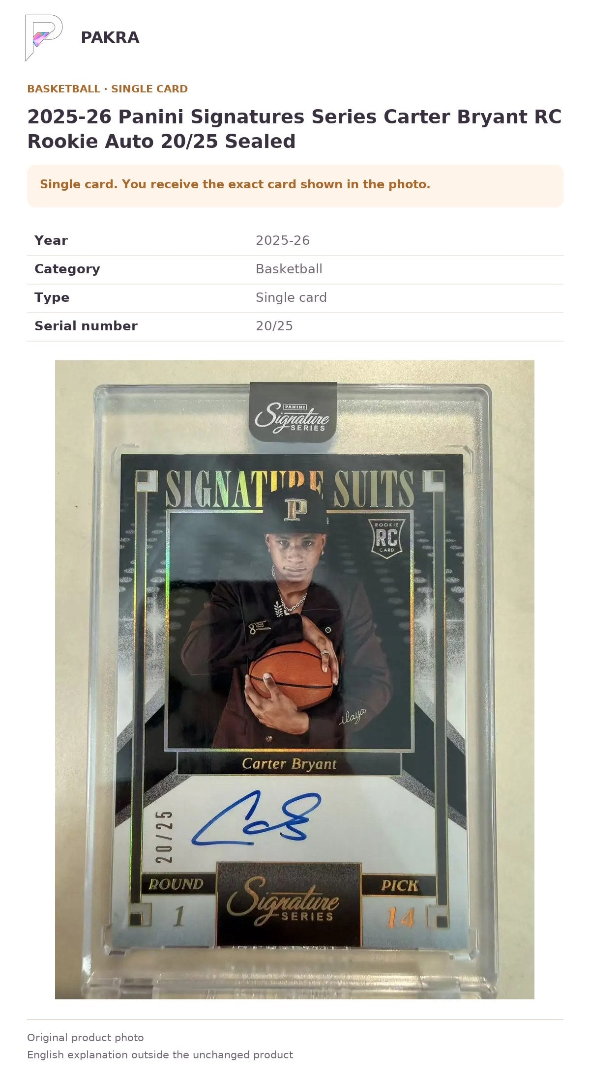 Item details and original photo for 2025-26 Panini Signatures Series Carter Bryant RC Rookie Auto 20/25 Sealed.