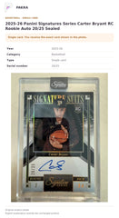Item details and original photo for 2025-26 Panini Signatures Series Carter Bryant RC Rookie Auto 20/25 Sealed.