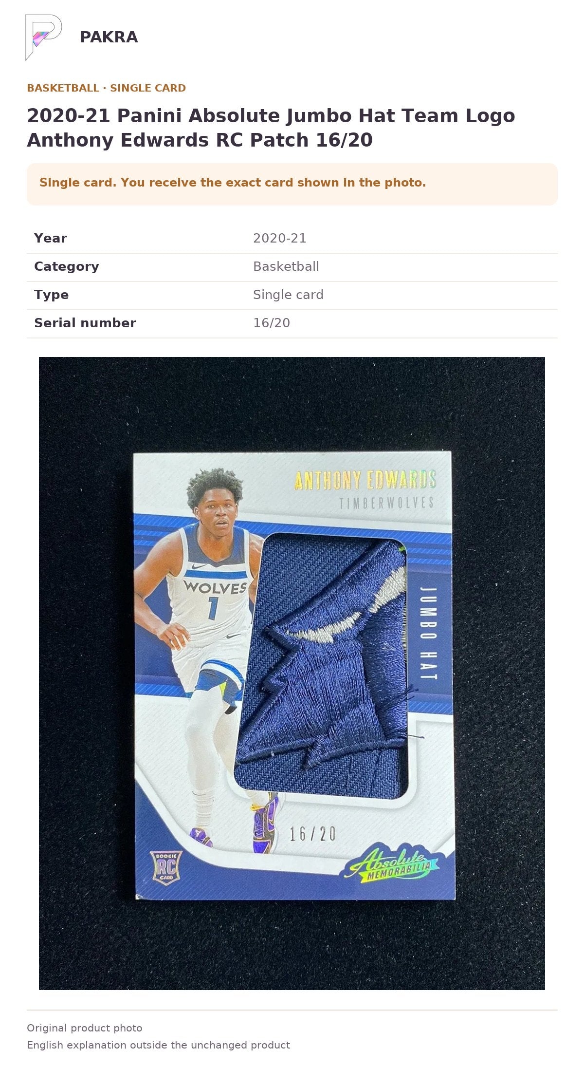 Item details and original photo for 2020-21 Panini Absolute Jumbo Hat Team Logo Anthony Edwards RC Patch 16/20.