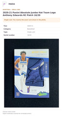 Item details and original photo for 2020-21 Panini Absolute Jumbo Hat Team Logo Anthony Edwards RC Patch 16/20.