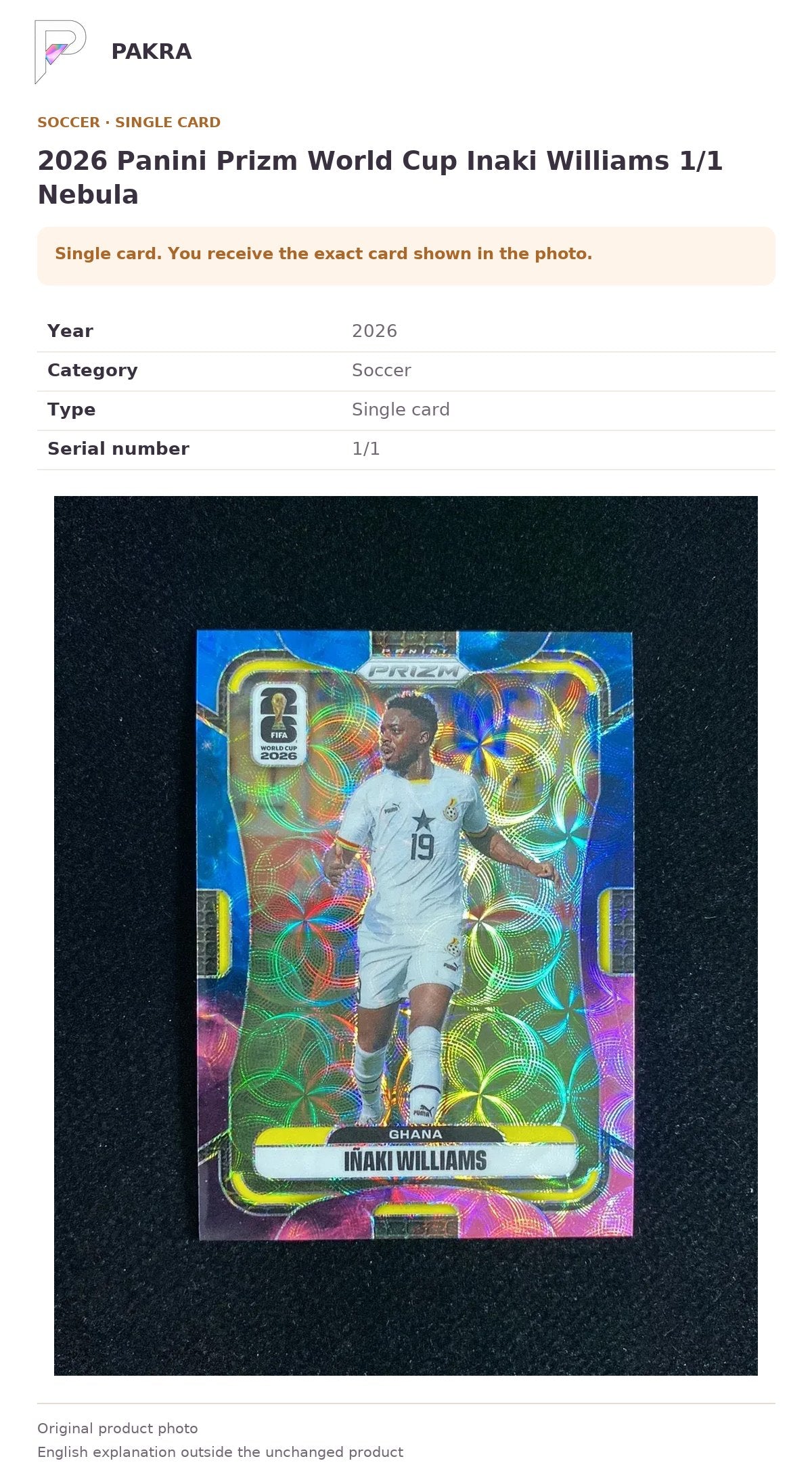 Item details and original photo for 2026 Panini Prizm World Cup Inaki Williams 1/1 Nebula.