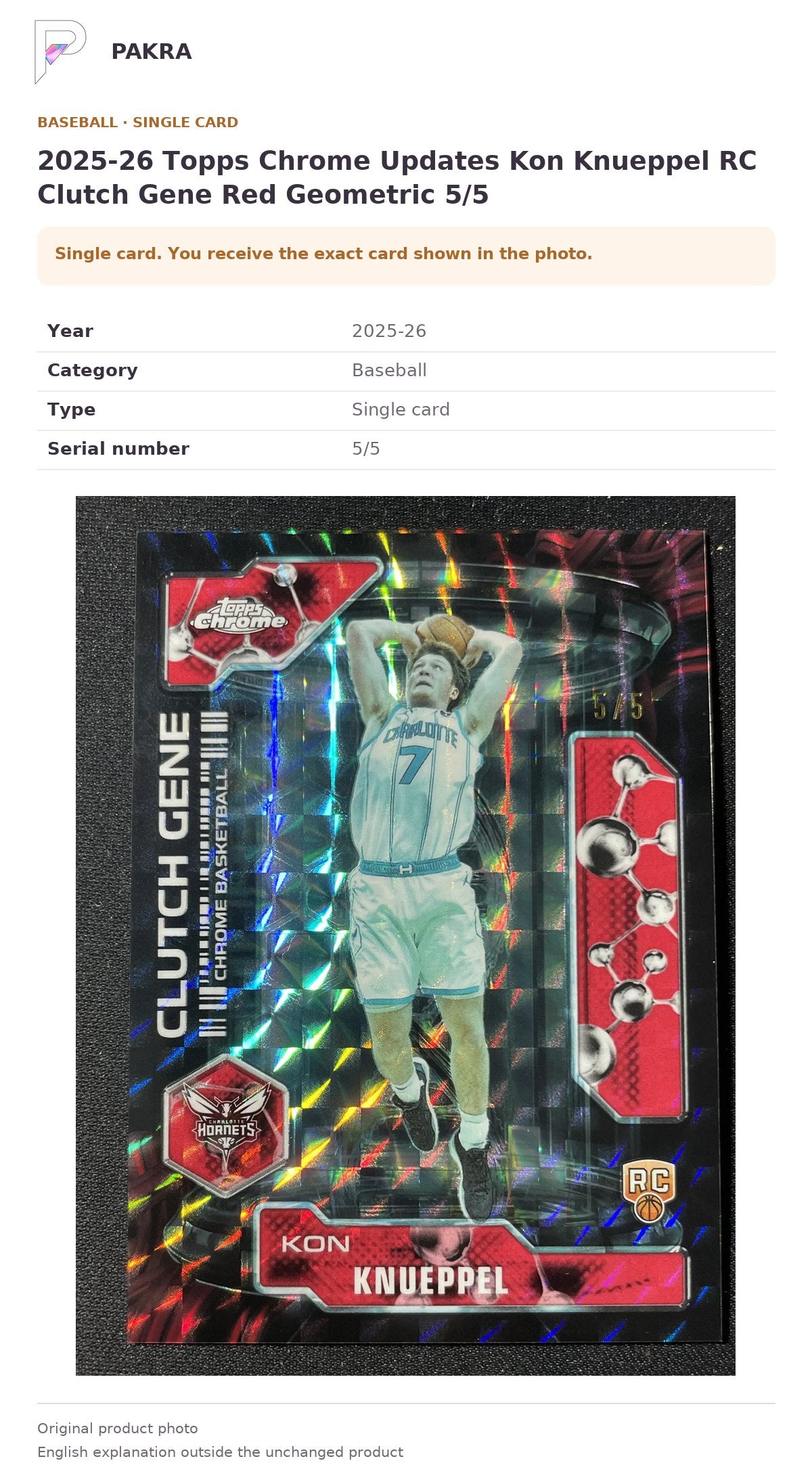 Item details and original photo for 2025-26 Topps Chrome Updates Kon Knueppel RC Clutch Gene Red Geometric 5/5.