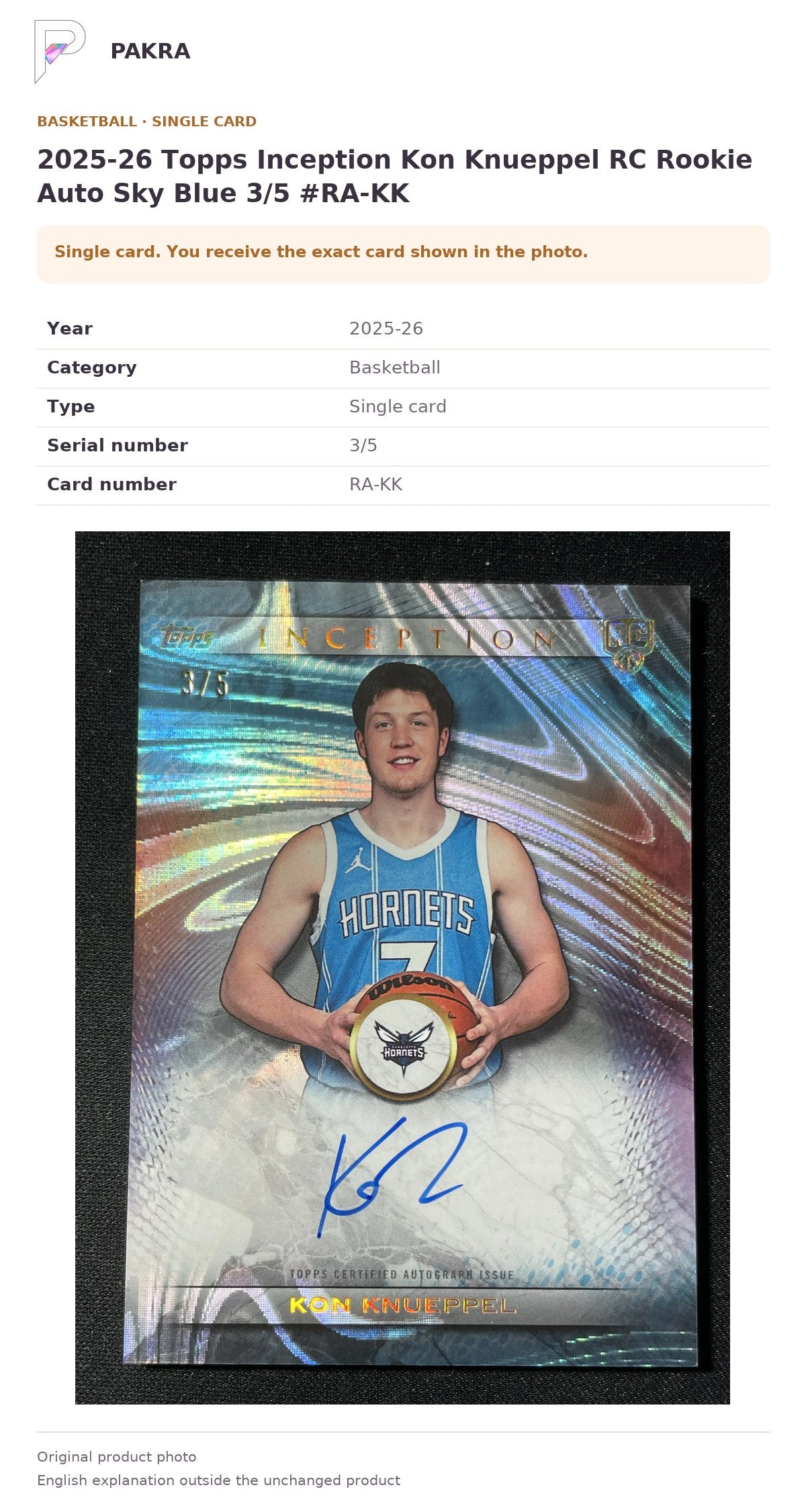 Item details and original photo for 2025-26 Topps Inception Kon Knueppel RC Rookie Auto Sky Blue 3/5 #RA-KK.