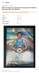 Item details and original photo for 2025-26 Topps Inception Kon Knueppel RC Rookie Auto Sky Blue 3/5 #RA-KK.