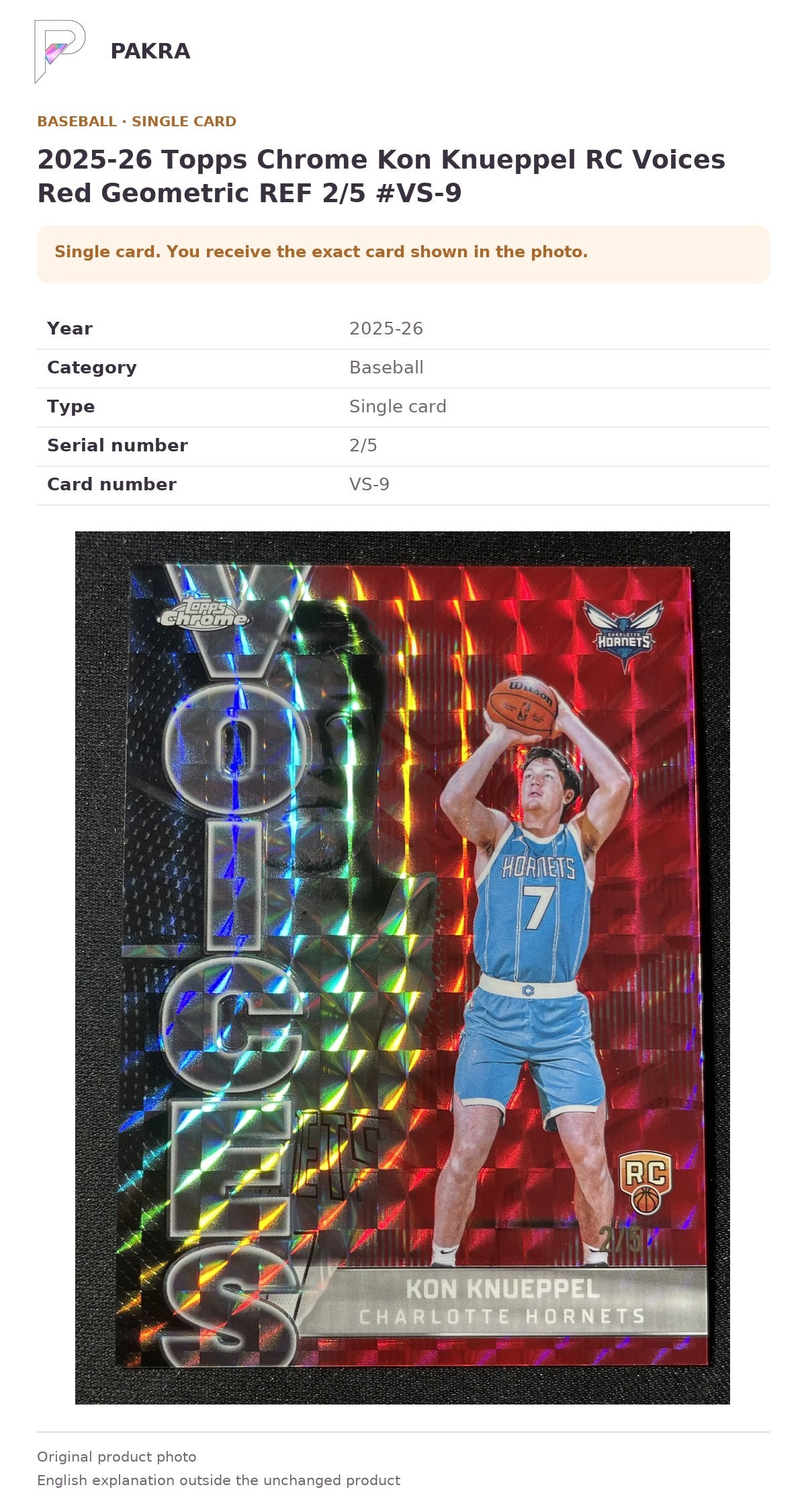 Item details and original photo for 2025-26 Topps Chrome Kon Knueppel RC Voices Red Geometric REF 2/5 #VS-9.