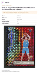 Item details and original photo for 2025-26 Topps Chrome Kon Knueppel RC Voices Red Geometric REF 2/5 #VS-9.