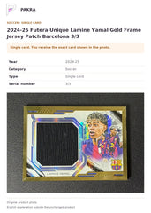 Item details and original photo for 2024-25 Futera Unique Lamine Yamal Gold Frame Jersey Patch Barcelona 3/3.