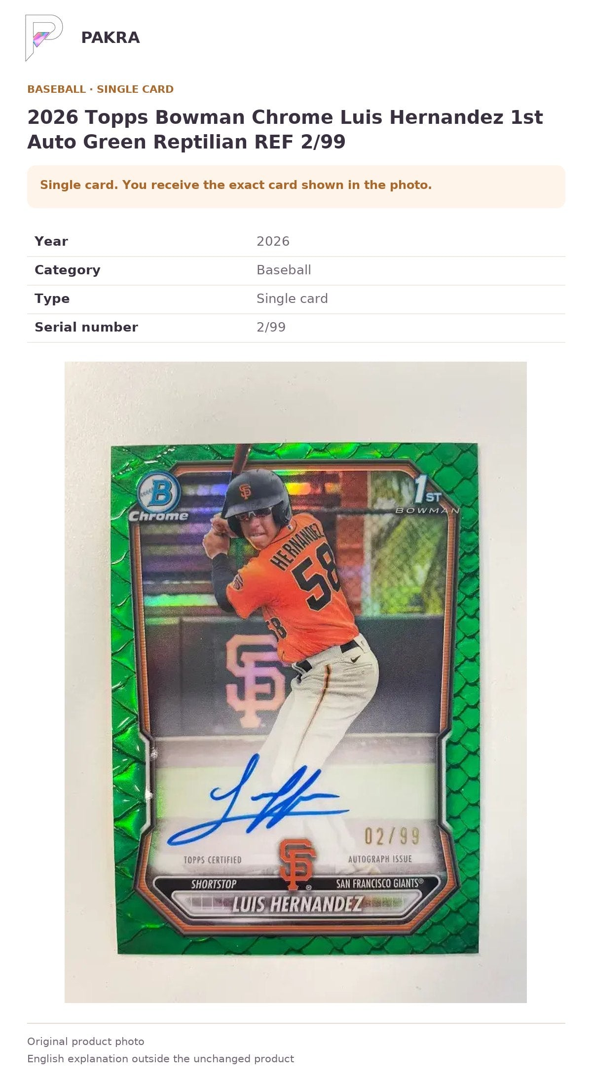 Item details and original photo for 2026 Topps Bowman Chrome Luis Hernandez 1st Auto Green Reptilian REF 2/99.