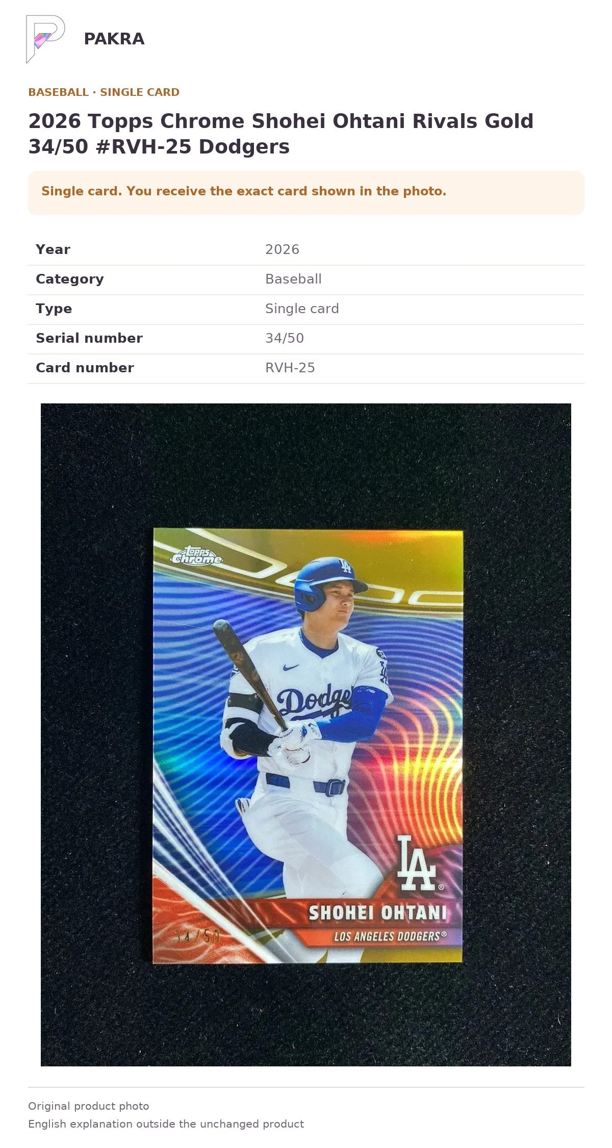 Item details and original photo for 2026 Topps Chrome Shohei Ohtani Rivals Gold 34/50 #RVH-25 Dodgers.