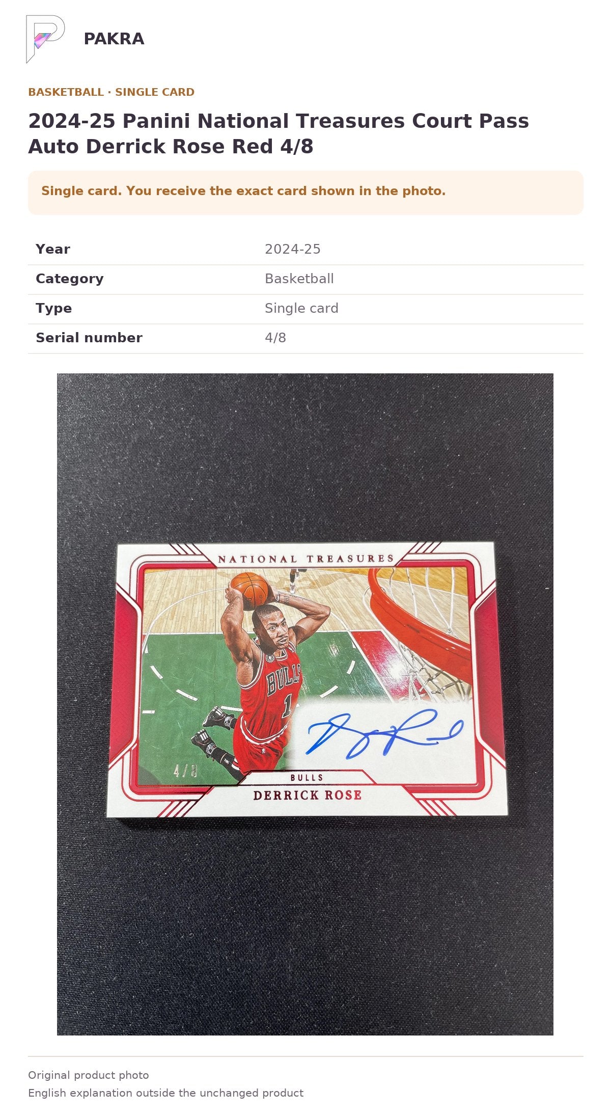 Item details and original photo for 2024-25 Panini National Treasures Court Pass Auto Derrick Rose Red 4/8.