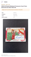 Item details and original photo for 2024-25 Panini National Treasures Court Pass Auto Derrick Rose Red 4/8.