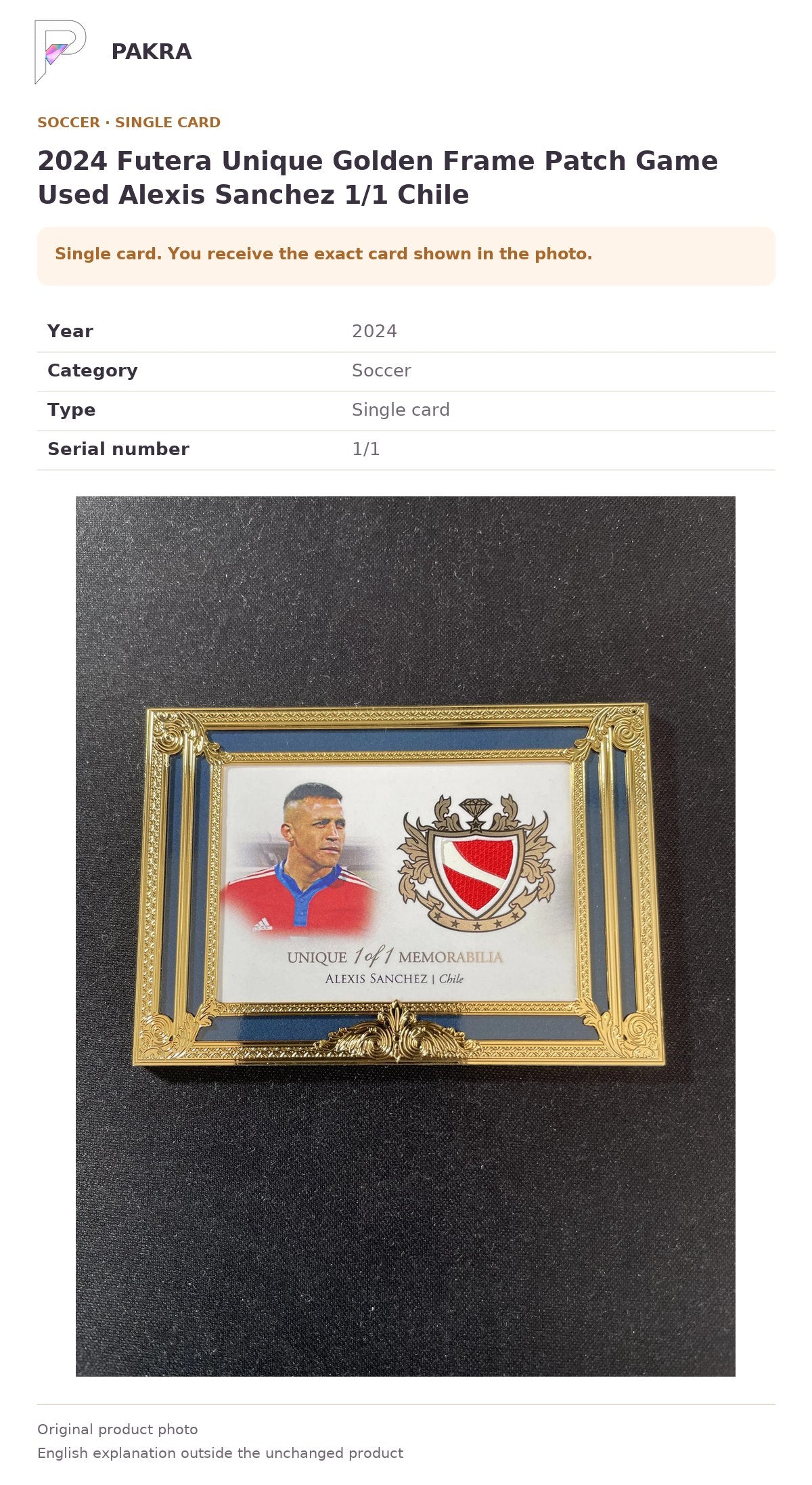 Item details and original photo for 2024 Futera Unique Golden Frame Patch Game Used Alexis Sanchez 1/1 Chile.