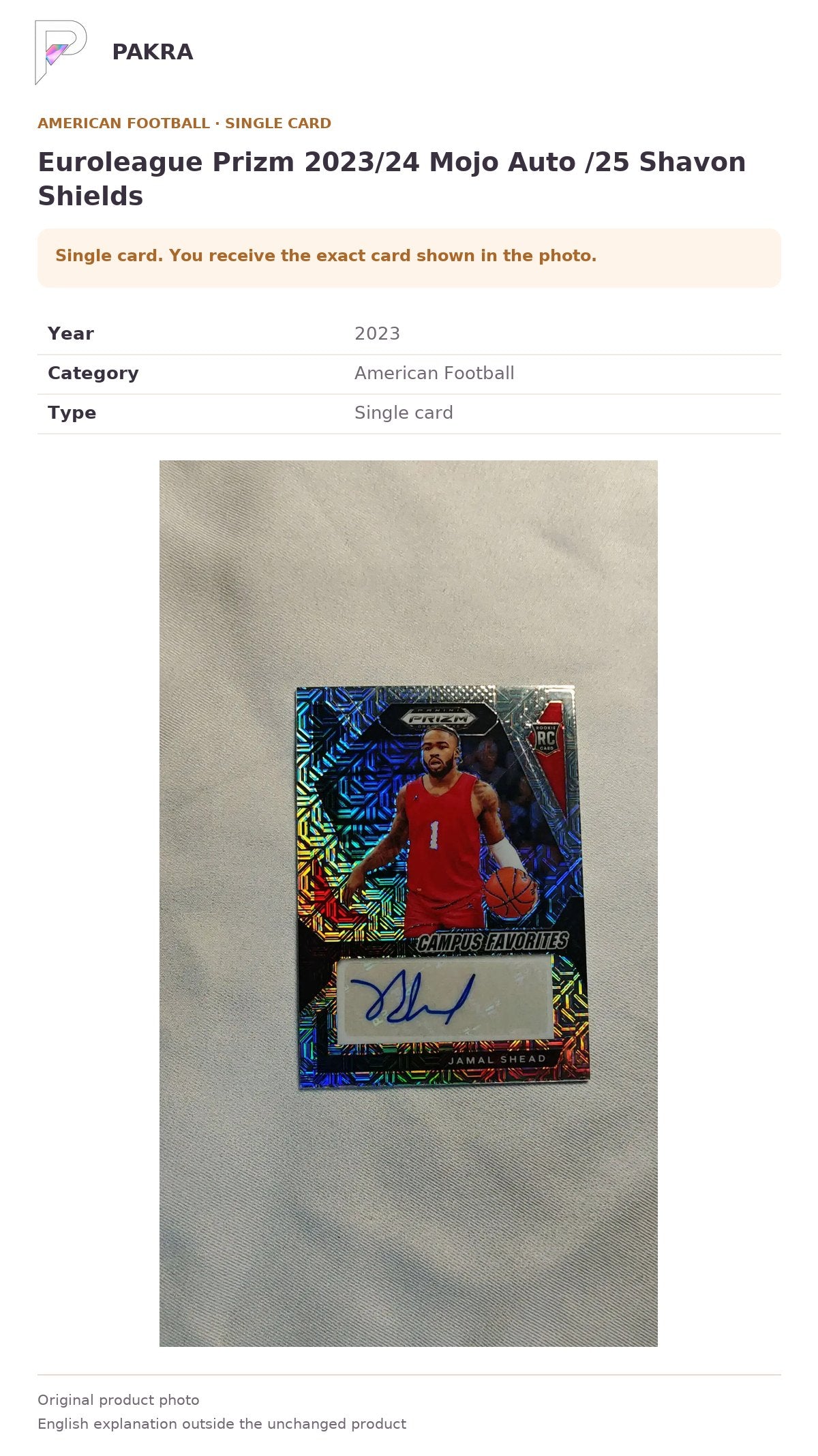Item details and original photo for Euroleague Prizm 2023/24 Mojo Auto /25 Shavon Shields.