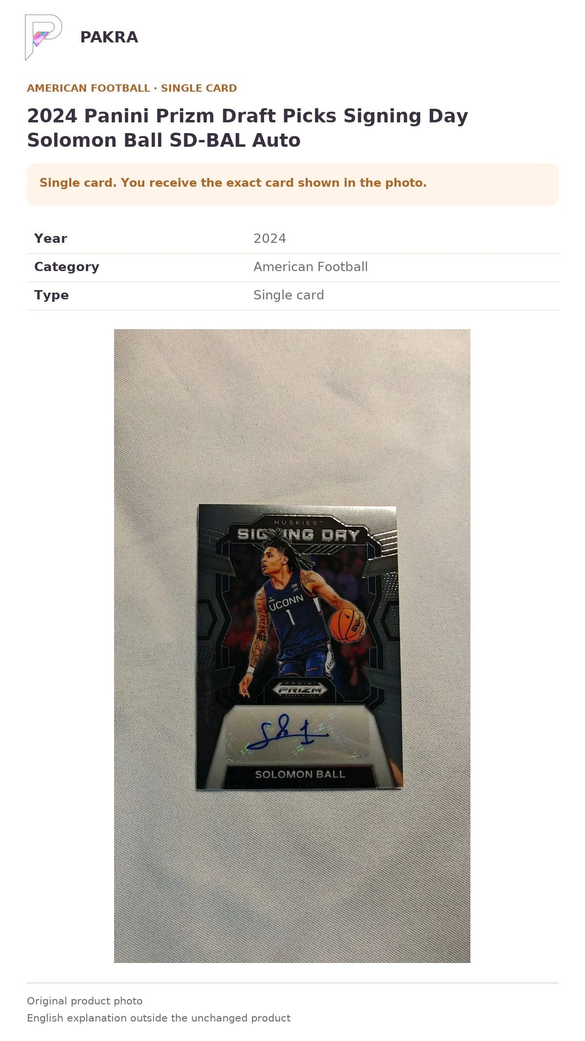Item details and original photo for 2024 Panini Prizm Draft Picks Signing Day Solomon Ball SD-BAL Auto.