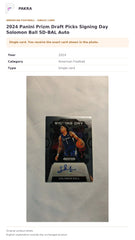 Item details and original photo for 2024 Panini Prizm Draft Picks Signing Day Solomon Ball SD-BAL Auto.