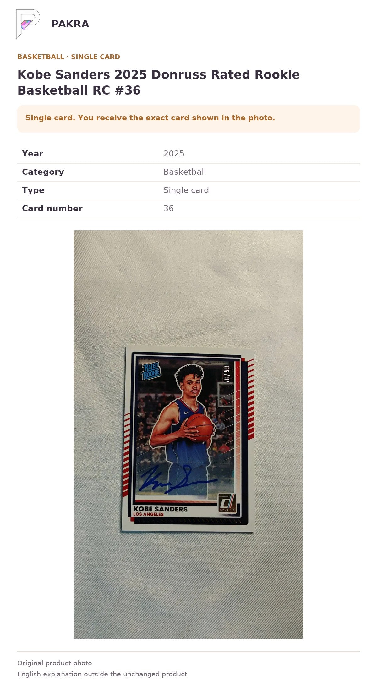 Item details and original photo for Kobe Sanders 2025 Donruss Rated Rookie Basketball RC #36.