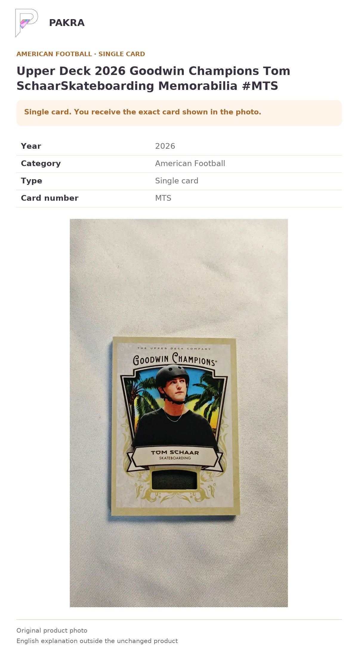 Item details and original photo for Upper Deck 2026 Goodwin Champions Tom SchaarSkateboarding Memorabilia #MTS.