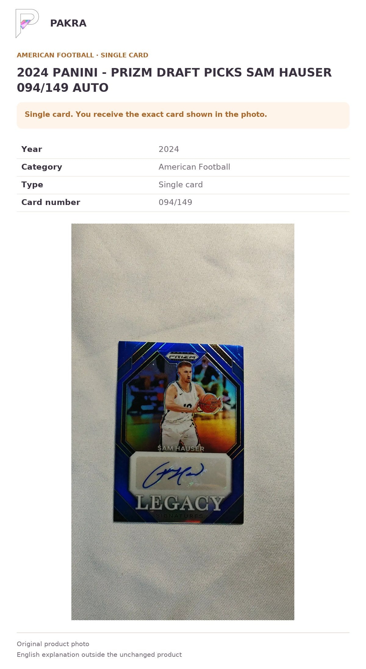 Item details and original photo for 2024 PANINI - PRIZM DRAFT PICKS SAM HAUSER 094/149 AUTO.