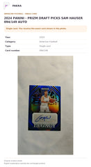 Item details and original photo for 2024 PANINI - PRIZM DRAFT PICKS SAM HAUSER 094/149 AUTO.
