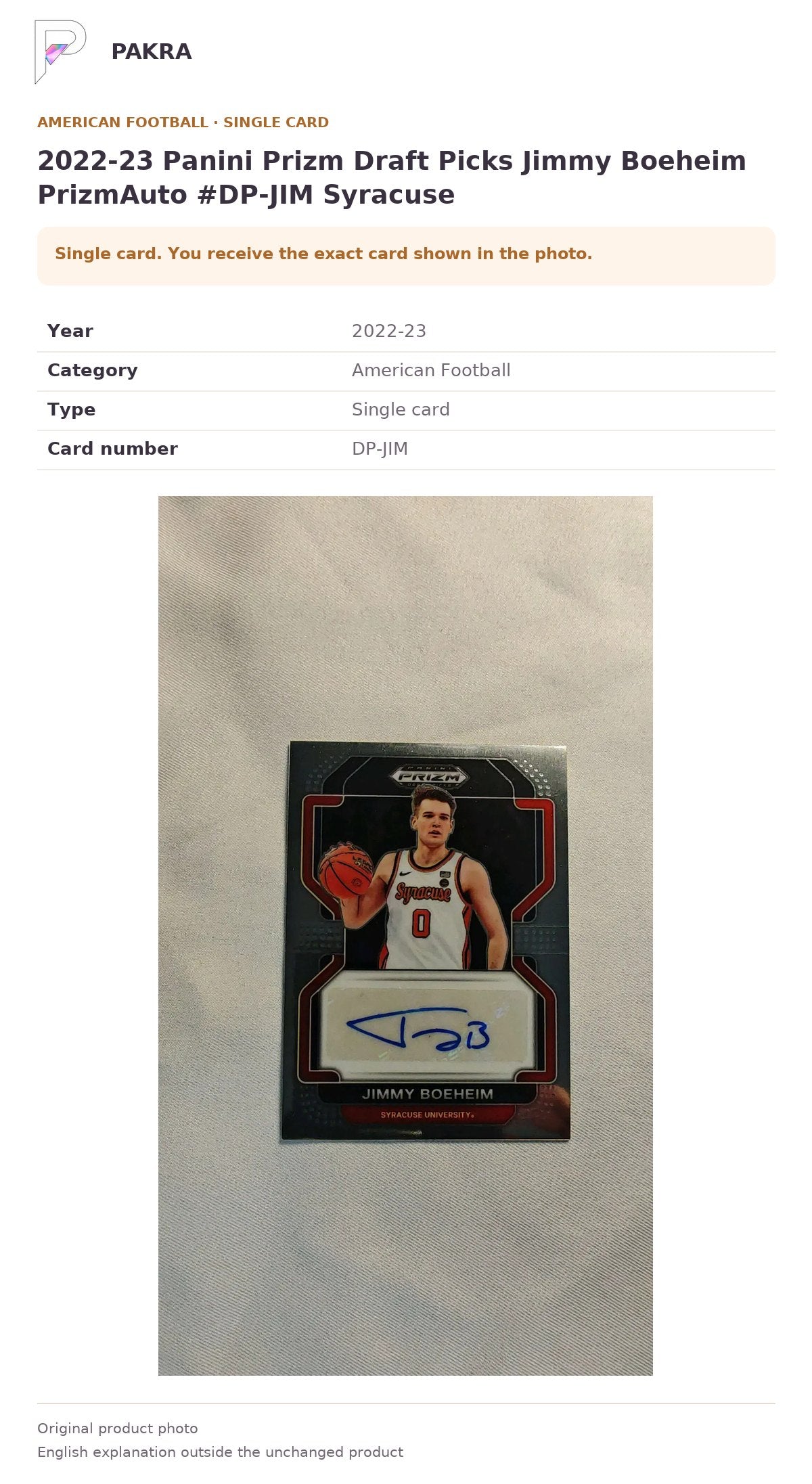 Item details and original photo for 2022-23 Panini Prizm Draft Picks Jimmy Boeheim PrizmAuto #DP-JIM Syracuse.